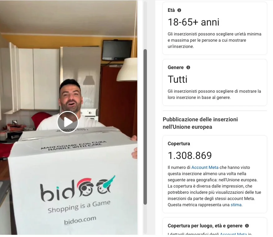 BIDOO · PAID SOCIAL — schermata Meta con copertura documentata