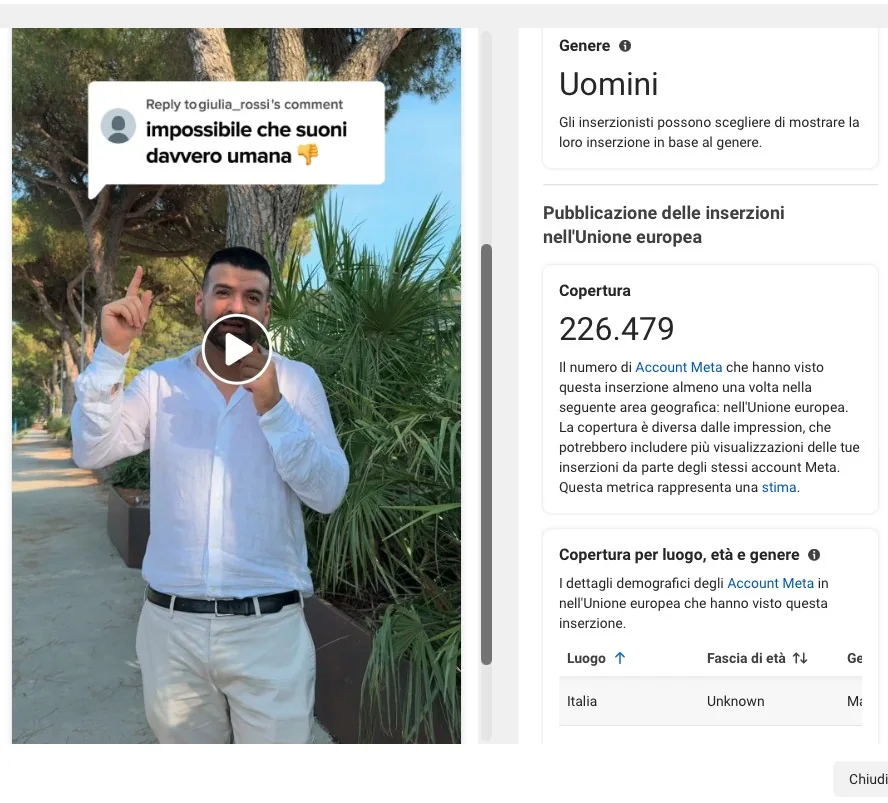 FONIO.AI · COMMENT REPLY — schermata Meta con copertura documentata